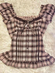 Lunivop Harajuku Literary O Neck Short Sleeve T Shirt Y2k Fashion Constrast Color Plaid Slim Thin Women Tops Single Breasted Punk Blouse