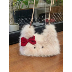 Lunivop Plush Cute White Y2k Messenger Bag Women New Harajuku Aesthetic Fur Soft Bow Chic Mini Bags Ladies Casual Crossbody Bags