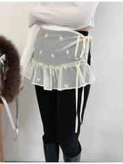 Lunivop Y2k Sweet Embroidery Flower Skirts See Through Mesh Skirt for Women 2025 Summer New High Waist Lace Up Faldas Mujer
