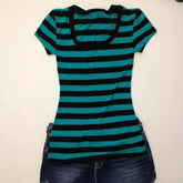 Lunivop Y2K New Europe Casual Top Female Slim O Neck Stripe Half Sleeve T-shirt Panelled Simple Office Lady Creativity Moda Mujer