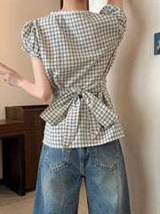 Lunivop Plaid Vintage Blouse Women V Neck Slim Design Back Bandage Shirt Korean Retro Lace Patchwork Casual Summer Bow Sweet Tops