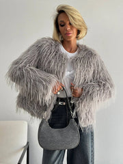 Lunivop Elegant Furry Faux Fur Short Coats Women Luxury Solid O-neck Long Sleeved Jackets Lady Autumn Winter Thickened Warm Outwears Top