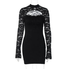 Lunivop Hollow Out See Through Lace Patchwork Bodycon Mini Dress Women O Neck Long Sleeve Hipster Slim Night Clubwear Party Outfits