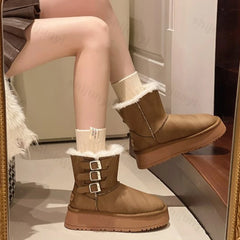 Lunivop Winter Women Boots Platform Shoes Keep Warm Mid-Calf Snow Boots Ladies Side Buckle Comfortable Brown Long Boots Zapatos De Mujer