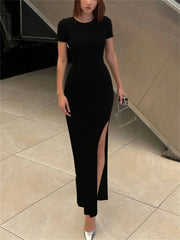 Lunivop Summer Black Fashion Maxi Dress For Women High Waist Short Sleeve Side Split Sexy Party Dress Gown Female Bodycon Dress