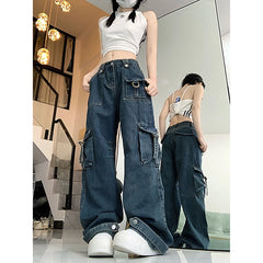 Lunivop Women's Dark Blue Y2k Cargo Jeans Baggy Harajuku Oversize Denim Trousers Vintage Jean Pants Japanese 2000s Style Trashy Clothes