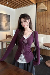 Lunivop Lace Patchwork V-neck 3D Flower T-shirt for Women 2025 New Slim Waist Bottoming Tops Mujer Y2k Long Sleeve Tee Shirt