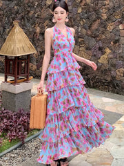 Lunivop Summer Floral Neck Halter Dresses Women New French High Waisted Cake Dress Beautiful Romantic Flowers Vestido