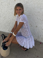 Lunivop Hooded See Through Lace Pleated Women Dress White Short Sleeve Mini Dress Female Autumn Skinny Elegant Beach Party Dress