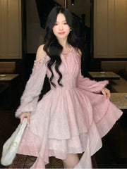 Lunivop Women's Chic Irregular Ruffles Shell Decoration Mini Dress Autumn Winter Long Sleeve Off Shoulder Fairy Evening Sequin Vestidos