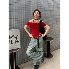 Lunivop Women Blue Stars Cargo Jeans Baggy Vintage Korean Cowboy Pants Harajuku Denim Trouser 90s Aesthetic Y2k 2000s Trashy Clothes