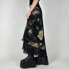 Lunivop Gothic Vintage Skirt Women Florals Print Y2k Mesh Long Skirt Elegant Fashion A-line Layered Skirts Streetwear Aestheics