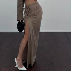 Lunivop Elegant Ruched Split Maxi Skirts For Women 3d Floral Applique Trim Fashion Outfits Vacation Beachwear Y2K Skirt Bottom