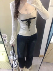 Lunivop Korean Style Sexy T-Shirts Women Sweet Coquette Two Piece Sets Long Sleeve Tops Fashion Aesthetics Patchwork T-Shirts