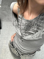 Lunivop Gray Leopard Print Off Shoulder Long Sleeve T-shirts Women Harajuku Slim Fit Base Short Tops Vintage Punk Y2k Goth Tees