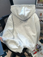 Lunivop Cute Dog Cartoon Gray Hoodies Women Loose Long Sleeve Kawaii Sweatshirts Casual Vintage Preppy Style Fall Female Pockets Tops