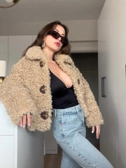 Lunivop Retro Lapel Lamb Wool Short Coats Women Casual Loose Metal Single Breasted Jackets Female Autumn Winter Chic High Street Tops