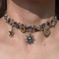 Lunivop Y2K Brown Opal Sun Pendant Necklace for Men Women Hip Hop Crystal Cross Leather Patchwork Necklace Grunge Party Jewelry