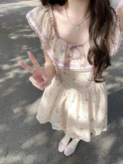 Lunivop Elegant Sweet Purple Floral Dress for Women Y2k Summer Lace Flying Sleeve Dresses New Slim Waist Vestidos De Mujer