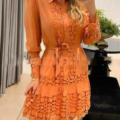 Lunivop New Autumn Women Casual Dress Fashion Sexy Lace Hollow Solid Shirt Mini Dresses Long Sleeve Holiday Party Robe Femme Vestidos