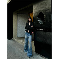 Lunivop Women's Retro Wide Leg Washed Blue Jeans Autumn New Cool Girl Straight Bottoms Vintage Casual Trousers Female Mid-Waisted Pants