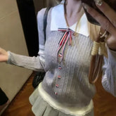 Lunivop Preppy Style Grey Sweaters Women Sweet Kawaii Bow Knitted Pullover Elegant Cutecore Autumn Winter Long Sleeve Sweaters