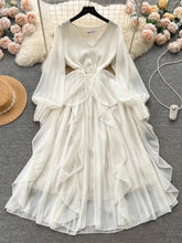 Lunivop Chic Fashion Women Gentle Elegant V Neck Slim Ruffled Chiffon Dresses Spring Solid Long Sleeve Vintage