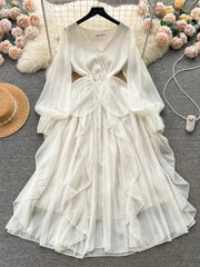 Lunivop Chic Fashion Women Gentle Elegant V Neck Slim Ruffled Chiffon Dresses Spring Solid Long Sleeve Vintage