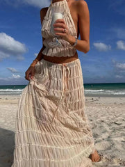 Lunivop Sexy Backless Lace Two Piece Sets Women Skirt Suit Apricot See Through Long Skirt Sets Summer Holiday Casual Beachwear