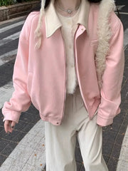 Lunivop Pink Faux Suede Jacket Women Sweet Long Sleeve Vintage Streetwear Baseball Coat Fall Casual Retro American Y2K Lady Outwear
