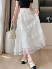 Lunivop Retro Sweet Black Long Skirt Women Casual Loose High Waist Elegant Skirt Vintage Lace Patchwork Korean Summer Long Skirts