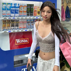 Lunivop Leopard Print Lace V Neck Camis Crop Top High Waist Y2K Streetwear Casual Clothing Fashion Summer Korean Fashion Tops