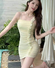 Lunivop Mini Dresses Women Flowers Patchwork Slash Neck Slim Backless Ruched Sweet Elegant Party Dress Clubwear Female Chic