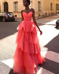 Lunivop Charm A-Line Pleated Prom Dresses Sweetheart Tiered Tulle Party Dress Sleeveless Formal Occasion Gowns Evening Dresses for Women