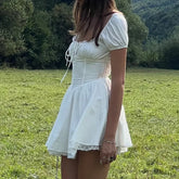 Lunivop Sweet Women Ruched Chest Fish bow Waist Corset Style Dress Short Sleeve Cross Bandage Lacing up Back Bodycon Mini Party Robe