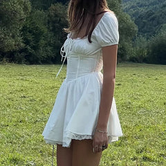 Lunivop Sweet Women Ruched Chest Fish bow Waist Corset Style Dress Short Sleeve Cross Bandage Lacing up Back Bodycon Mini Party Robe