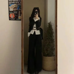 Lunivop Fake Two Piece Patchwork Lapel Neck Shirts Women Early Autumn New Black Blouses Y2k Slim Fit Long Sleeve Blusas Mujer