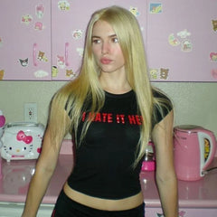 Lunivop I HATE IT HERE Aesthetic Cute Vintage Street Women Print Grunge T-shirt Y2k Clothes Gothic Black Baby Tee Emo Girl Slim Crop Top