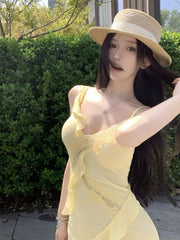 Lunivop Women Dresses Sleeveless Lace Patchwork Ruffles V Neck Slim Backless Holiday Party Dress Female Fashion Sweet Casual