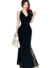 Lunivop Sexy Black Lace Hollowed Halter Dresses Women Off Shoulder Backless Slim Mermaid Long Dress High Fashion Party Outfits Vestidos