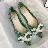 Lunivop Flat Shoes for Women Spring Summer New Big Pearls Green White Women Flats Slip on Casual Loafers Zapatillas Mujer 44 45 46