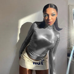 Lunivop Fashion Pu Long Sleeve Slim T-Shirt Sexy Casual Streetwear Party Club Vacation Daily Outfit Y2K Summer Women Clothes