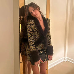 Lunivop Women Sexy Furry Patchwork Glitter Leopard Fashion 2 Piece Set Long Sleeve Cardigan Tops + Bodycon Mini Skirts Casual Streetwear