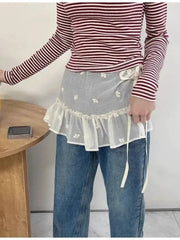 Lunivop Y2k Sweet Embroidery Flower Skirts See Through Mesh Skirt for Women 2025 Summer New High Waist Lace Up Faldas Mujer