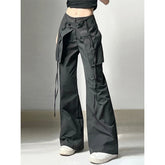 Lunivop Summer Women Baggy Parachute Wide Leg Pants Drawstring Streetwear with Large Pockets Trousers Long Pants Mid Waist Cargo Pants
