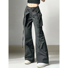 Lunivop Summer Women Baggy Parachute Wide Leg Pants Drawstring Streetwear with Large Pockets Trousers Long Pants Mid Waist Cargo Pants