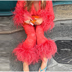 Lunivop Jacquard Satin Fringe Three Piece Set Kimono Long Open Coat Wrap V Neck Top Fringe Trousers Summer Resort Lady Elegant Suit