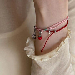 Lunivop Fashion Red Apple Pendant Bracelet For Women Girls Sweet Cute Fruit Pink Woven Rope Adjustable Bracelet Jewelry Gift