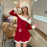 Lunivop Off The Shoulder Belt Feather Button Pleated Mini Women'S Dresses Y2K Fashion Winter Christmas Festival Sporty Clothing