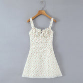 Lunivop New French Style Vintage Rose Flower Print Wood ears Bow Ruched Chest Sling Dress Women Cross Lacing up Backless Short Vestidos